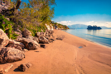 Exotic summer view of Cameo Island. Superb morning scene of Port Sostis, Zakynthos (Zante) island,...
