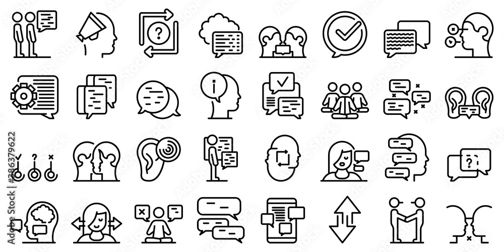 Poster discussion icons set. outline set of discussion vector icons for web design isolated on white backgr
