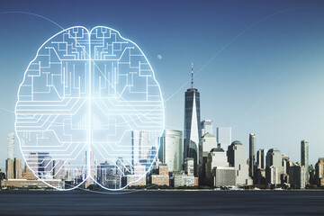 Fototapeta na wymiar Double exposure of creative human brain microcircuit hologram on Manhattan office buildings background. Future technology and AI concept