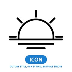 sun set line style vector icon on white background. Weather vector illustration. Editable Stroke. 64 x 64 pixels. Simple modern design.