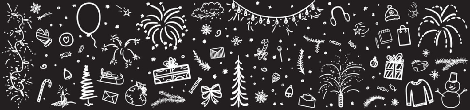 Background with hand drawn christmas elements. White festive xmas symbols on black. Black and white illustration