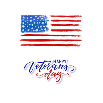 Happy Veterans day. Typography card. Modern black and white brush calligraphy text. Hand drawn lettering typo vector illustration. Isolated on white background