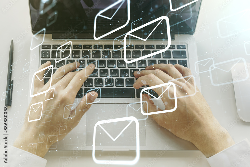 Poster creative abstract postal envelopes sketch with hands typing on computer keyboard on background, e-ma