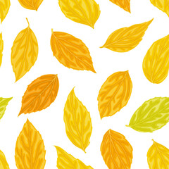 Obraz premium Beautiful seamless background with yellow, orange, green leaves. Hand-drawn with effect of drawing in watercolor. design background greeting cards and invitations seasonal autumn, fall holidays