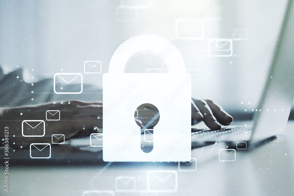 Poster creative light lock illustration with postal envelopes and hands typing on computer keyboard on back