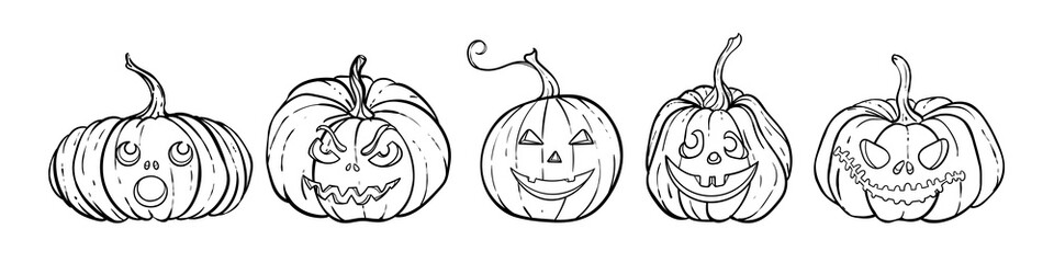 Halloween set of outline black and white pumpkins with carving scary smiling cute glowing faces. design for holiday greeting card and invitation, flyers, posters, banner halloween party holiday