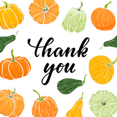 frame of hand drawn pumpkin. Thank you Hand drawn calligraphy and brush pen lettering. design for greeting card and invitation of seasonal american and canadian autumn holiday thanksgiving