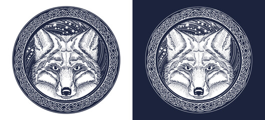 Celtic fox tattoo. Symbol of a travel, freedom, tourism. Ethnic style t-shirt design. Black and white vector graphics