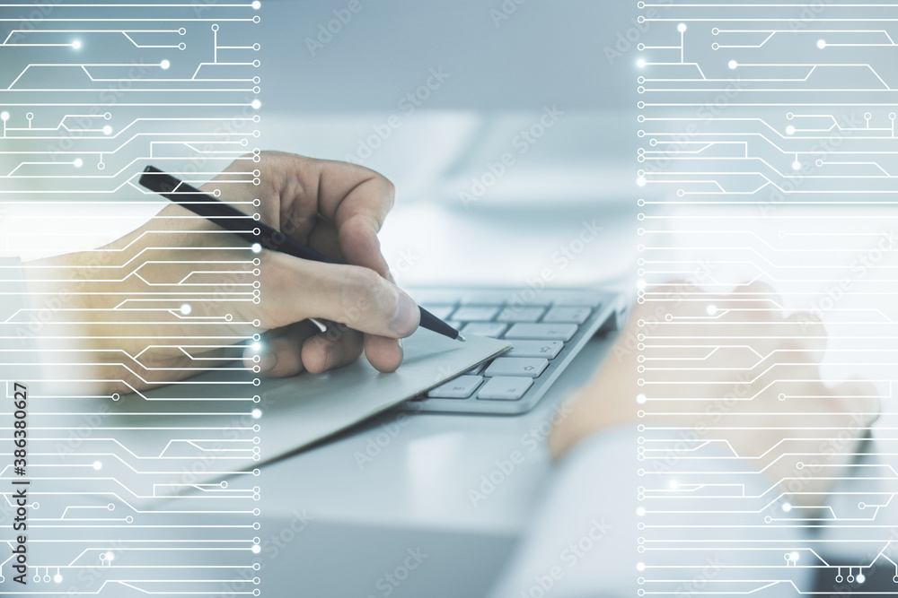 Poster creative concept of microscheme illustration and hand writing in notebook on background with laptop.