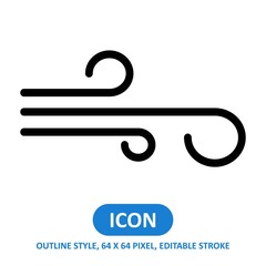 windy line style vector icon on white background. Weather vector illustration. Editable Stroke. 64 x 64 pixels. Simple modern design.