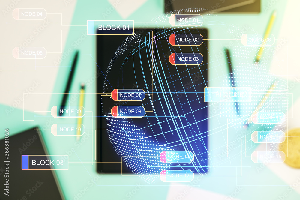 Poster double exposure of abstract creative programming illustration with world map and modern digital tabl