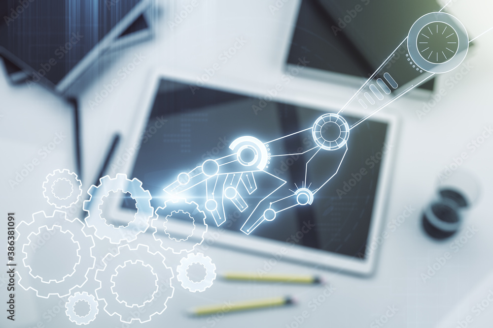 Aufkleber creative abstract robotics technology sketch and modern digital tablet on background, future technol