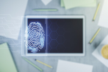 Abstract creative fingerprint concept and modern digital tablet on background, top view. Multiexposure