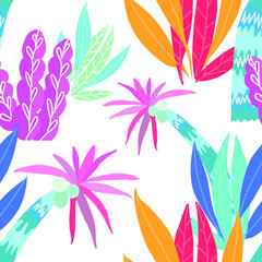 Creative seamless pattern with cartoon forest. Bright summer print with tropical leaves. Tropical pattern. Jungle exotic summer print. 