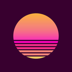 Retro sunset in the style of the 80s-90s. Abstract background with a sunny gradient. Purple and yellow colors. Design template for logo, icons, banners, prints. Isolated dark background. Vector