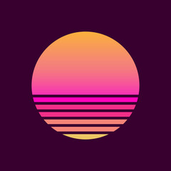 Retro sunset in the style of the 80s-90s. Abstract background with a sunny gradient. Purple and yellow colors. Design template for logo, icons, banners, prints. Isolated dark background. Vector