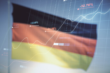 Double exposure of abstract creative statistics data hologram on flag of Germany and blue sky background, analytics and forecasting concept