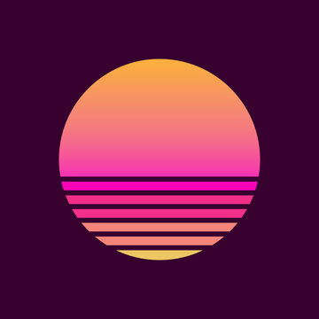 Retro sunset in the style of the 80s-90s. Abstract background with a sunny gradient. Purple and yellow colors. Design template for logo, icons, banners, prints. Isolated dark background. Vector