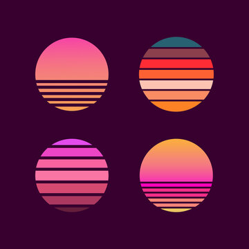 Collection of retro sunsets in the style of the 80-90s. Abstract background with a sunny gradient. Bright colors. Design template for logo, icons, banners, prints. Isolated dark background. Vector