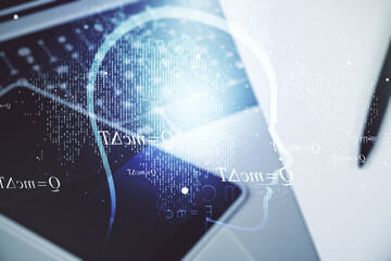 Creative artificial Intelligence concept with human head hologram on modern laptop background....