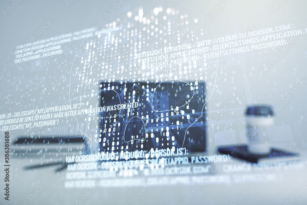 Poster creative code skull sketch on modern laptop background, theft of personal data and malware concept. 