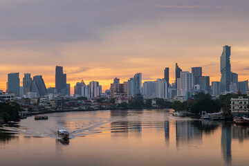 Plakat Bangkok city center financial business district, waterfront cityscape and Chao Phraya River during twilight before sunrise, Thailand