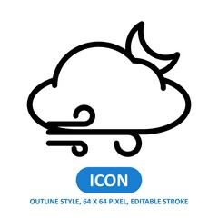 Fototapeta premium windy cloud night line style vector icon on white background. Weather vector illustration. Editable Stroke. 64 x 64 pixels. Simple modern design.