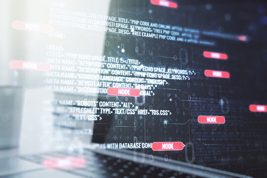 Multi exposure of abstract creative coding sketch on modern laptop background, artificial intelligence and neural networks concept