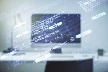 Multi exposure of abstract graphic coding sketch with world map on modern computer background, big data and networking concept