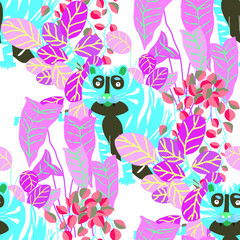 Fototapeta na wymiar Creative seamless pattern with tiger in tropical forest. Bright summer print for any purposes. Trendy style.