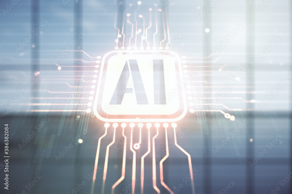 Poster abstract virtual artificial intelligence symbol hologram on empty corporate office background. multi