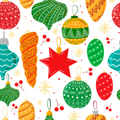 seamless pattern of Cute Christmas Treasures background with hand drawn Christmas balls and confetti for your decoration