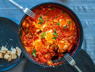 A view of Turkish menemen from top. This delicious dish is in a pan and on a tray.
