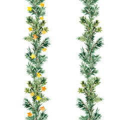 Christmas tree branches seamless border. Pine, fir twigs with stars. Watercolor repeated frame with New Year decorations