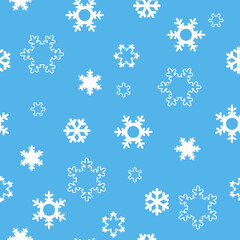 Snowflakes are white on a blue background. Different shape. Winter ornament. Festive pattern.