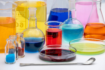 Laboratory equipment. Glass tubes, flask, erlenmeyer, beaker, petri dish, balloon and other...