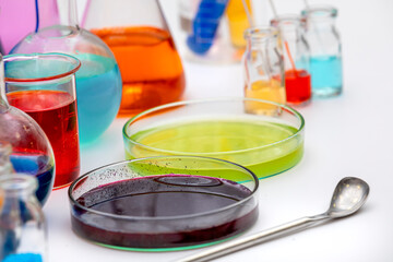 Laboratory equipment. Glass tubes, flask, erlenmeyer, beaker, petri dish, balloon and other...