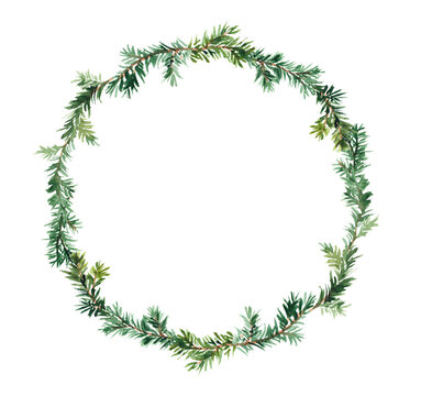 Christmas tree branches wreath. Pine, spruce twigs in round frame. Watercolor design