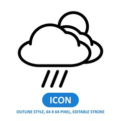 rain cloudy day line style vector icon on white background. Weather vector illustration. Editable Stroke. 64 x 64 pixels. Simple modern design.