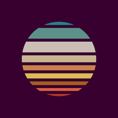 Retro sunset in the style of the 80s-90s. Abstract background with a sunny gradient. Blue and orange colors. Design template for logo, icons, banners, prints. Isolated dark background. Vector