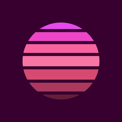 Retro sunset in the style of the 80s-90s. Abstract background with a sunny gradient. Purple colors. Design template for logo, icons, banners, prints. Isolated dark background. Vecto