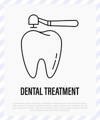 Drilling of tooth for filling, dental treatment, dentistry. Thin line icon, vector illustration.