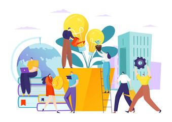 Business idea tree with bulb, vector illustration. People man woman success concept, modern innovation creativity light growth. Businessman work for grow creative, flat lamp design.