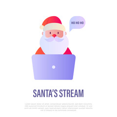 Santa's Claus stream, social distancing. Santa with laptop. Video call with Santa. Protection from covid-19. Christmas in new normal. Flat gradient icon, vector illustration.