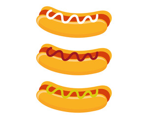 Hot dogs with ketchup, mayonnaise and mustard sauce colorful vector cartoon. Fast food hot dog vector clipart icon.