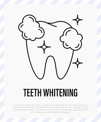 Dental treatment: teeth whitening, shining tooth. Thin line icon, vector illustration.
