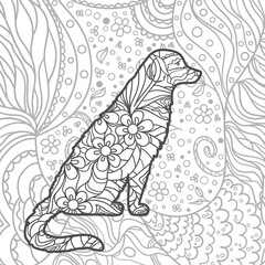 Square background with patterned dog. Hand drawn mandala. Black and white illustration