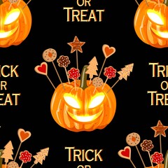 Halloween seamless pattern witn pumpkins and biscuits for the children.