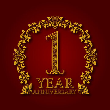 Golden emblem of first year anniversary. Celebration patterned logotype with shadow on red.
