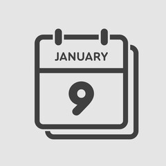 Icon day date 9 January, template calendar page